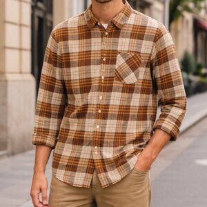 ADORA Tan Brown Plaid Button Up Shirt Cotton/Poly Twill Large Mens EUC Pocket
